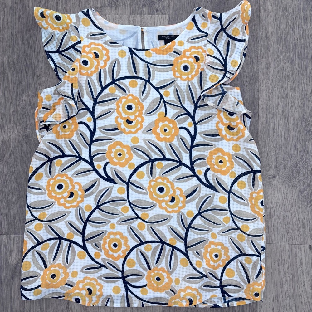 Ann Taylor Yellow Floral Ruffle Sleeve Blouse